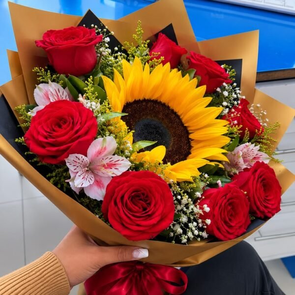 6 Red Flower Bouquet with Sunflower Centerpiece Amman | WowWard Flower & Gift Delivery