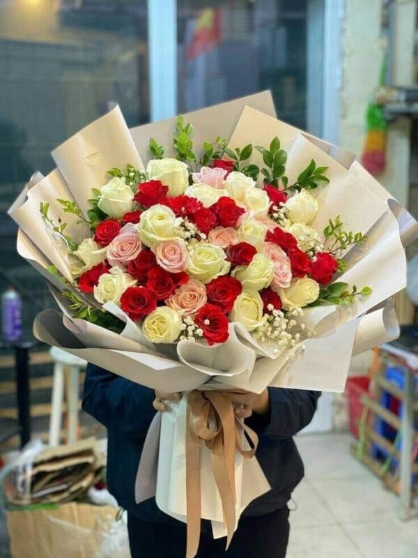 Red White & Pink Rose Bouquet