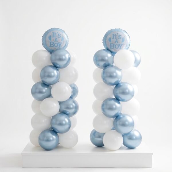 Baby Boy Celebration Column: two columns of white and chrome light blue balloons topped with round 'It's a Boy' foil balloons on a white stand