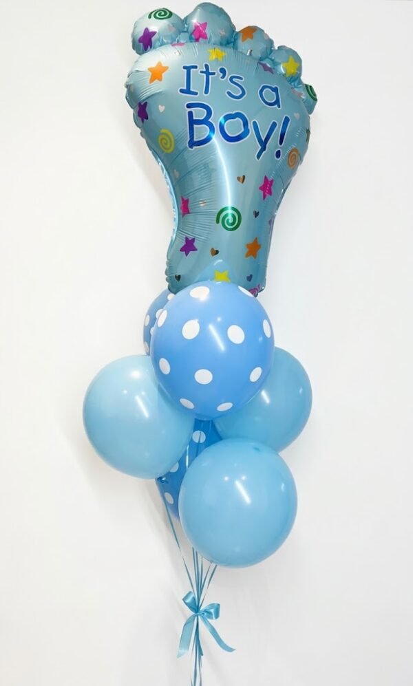 Baby Boy Celebration Mini Set Amman Baby Boy Celebration Mini Set: light blue foot-shaped 'It's a Boy!' foil balloon with light blue plain and polka-dot latex balloons