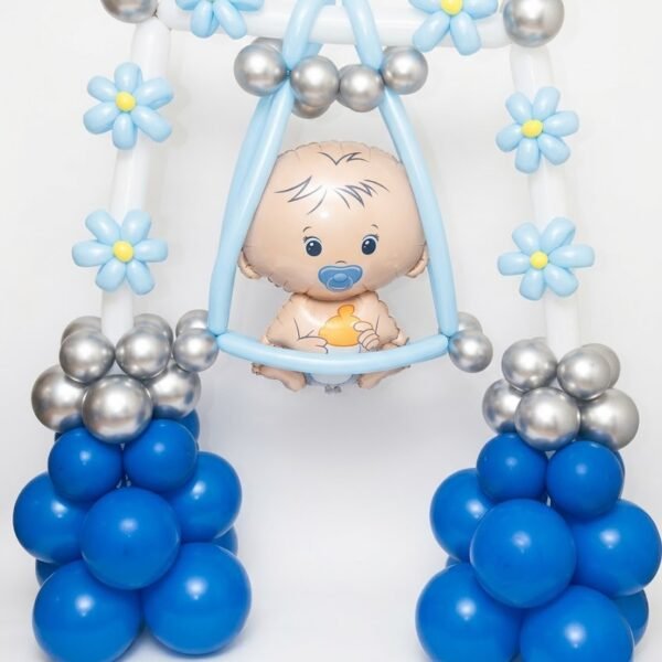 Baby Boy Premium Balloons: white balloon swing frame with a baby boy foil balloon, light blue balloon flowers, silver and royal blue bases