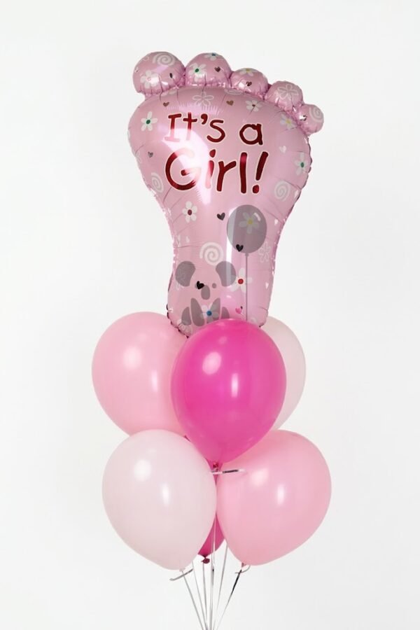Baby Girl Celebration Mini Set: pink foot-shaped 'It's a Girl!' foil balloon with light pink, pale pink and hot pink latex balloons