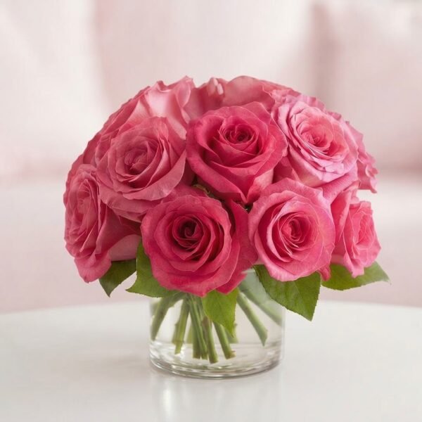 Blush Elegance Vase Blush Elegance Vase, a compact dome of pink roses with leaves in a short clear glass vase