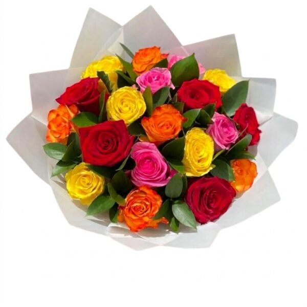 Colorful Bloom Bouquet Colorful Bloom Bouquet of red, yellow, orange and pink roses with green leaves wrapped in white paper
