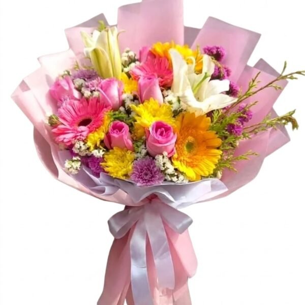 Colorful Lilyum Flower Bouquet Colorful Lilyum Flower Bouquet with white lilies, pink and yellow gerberas and pink roses in pink wrapping