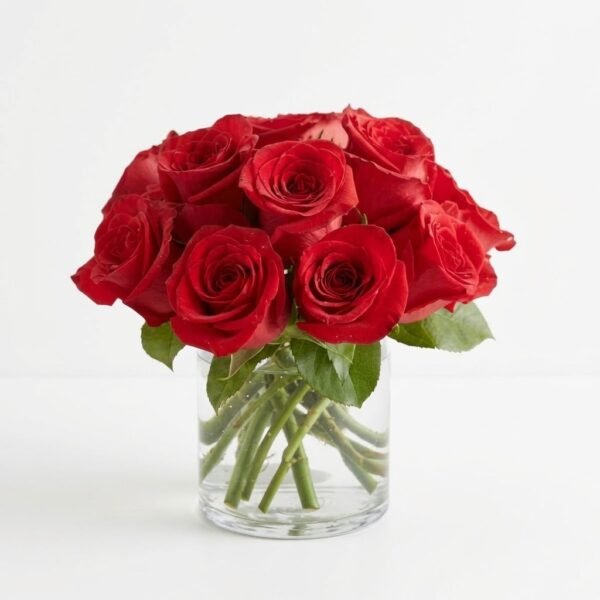 Crimson Elegance Vase: a round bouquet of red roses in a clear cylinder glass vase