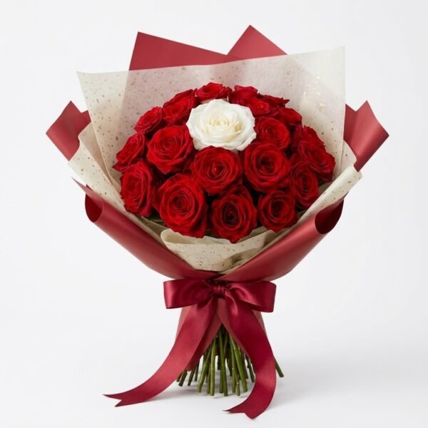 Crimson Heart Bouquet: red roses around one white rose, wrapped in cream and red paper with a red bow