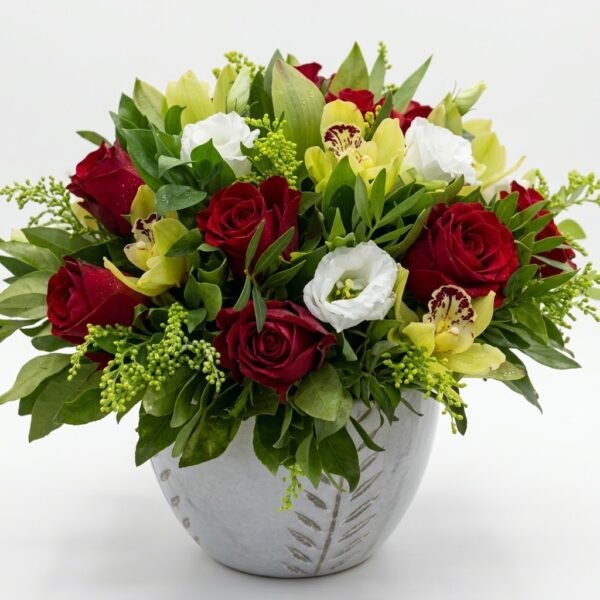 Crimson White Elegance: red roses, white lisianthus and lime-green cymbidium orchids with solidago in a white ceramic pot with a leaf pattern