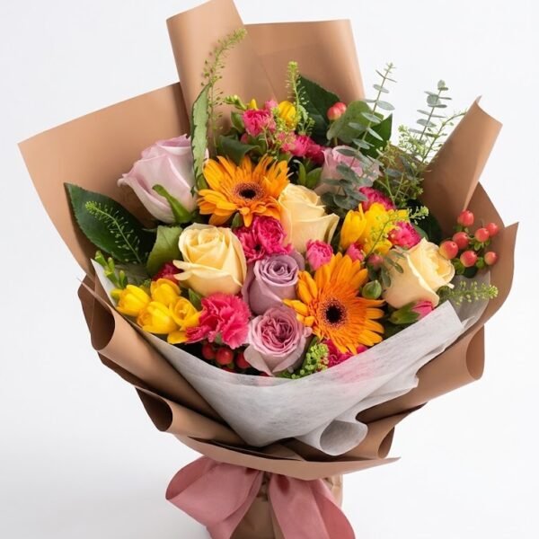 Fresh Seasonal Blooms Bouquet Fresh Seasonal Blooms Bouquet with orange gerberas, cream, pink and lavender roses in brown kraft paper