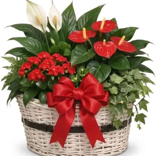 Harmony Bloom Basket: peace lily, red anthuriums, kalanchoe and ivy in white wicker with a red bow