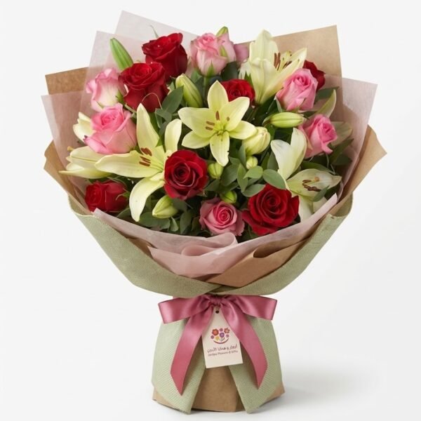 Lily & Roses bouquet of white lilies with red and pink roses in pink and green wrap with a bow