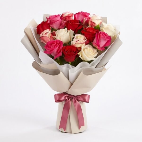 Love in Bloom Love in Bloom bouquet of red, pink, white and bicolour roses in cream and grey wrap tied with a dusty pink satin bow