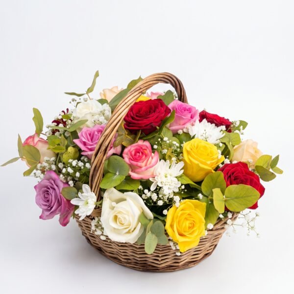 Mini Mix Bloom Basket Mini Mix Bloom Basket: red, pink, lilac, yellow and white roses with white chrysanthemums and baby's breath in a wicker basket with a handle