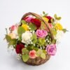Mini Mix Bloom Basket close-up: pink, red, lilac, peach and yellow roses with baby's breath and eucalyptus leaves