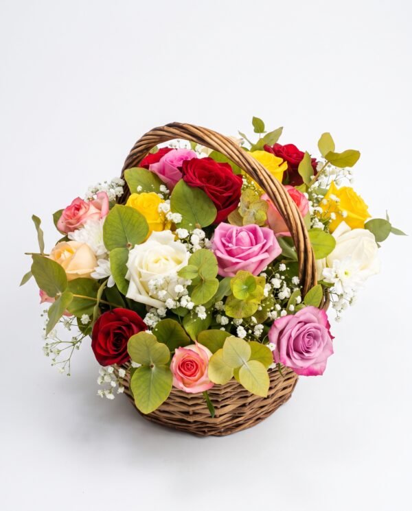 Mini Mix Bloom Basket close-up: pink, red, lilac, peach and yellow roses with baby's breath and eucalyptus leaves