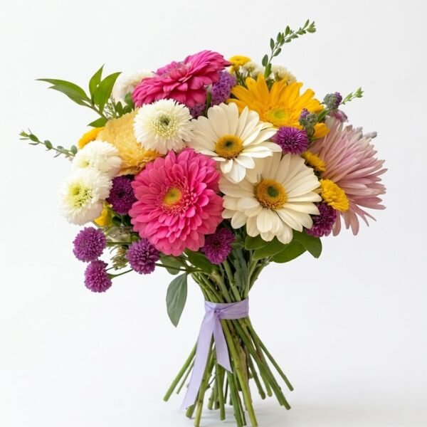 Mixed Flowers Bouquet Mixed Flowers Bouquet of pink, cream and yellow gerberas, white button mums and purple pompom flowers, with bare stems tied with a lavender ribbon