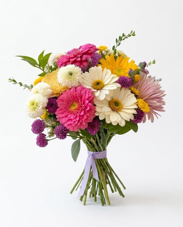 Mixed Flowers Bouquet of pink, cream and yellow gerberas, white button mums and purple pompom flowers, with bare stems tied with a lavender ribbon