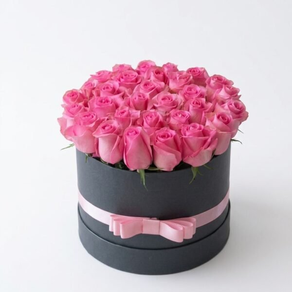 Pink Bloom Round Box: pink roses in a dark grey round box with a pink ribbon bow