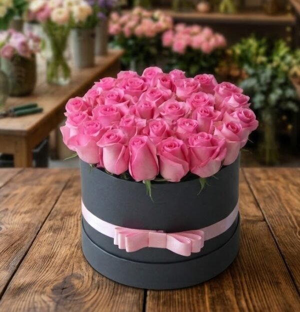 صندوق زهور وردية أنيق Pink Bloom Round Box