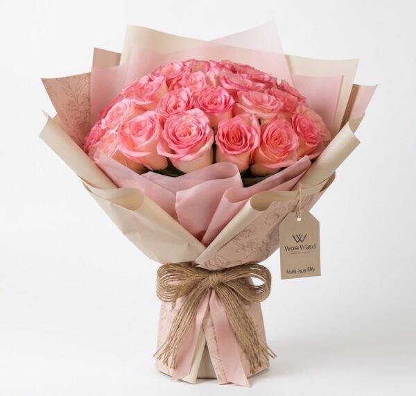 Pink Rose Bouquet Pink Rose Bouquet: pink roses wrapped in pink and cream paper with a burlap bow and gift tag