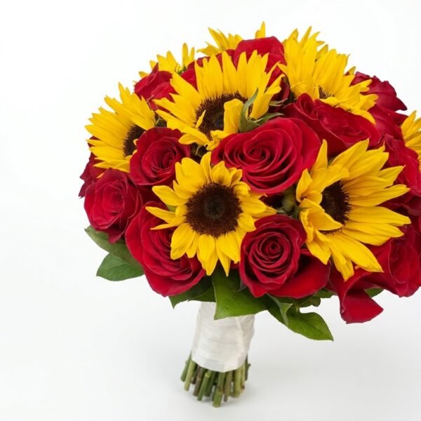 Radiant Love: round bouquet of deep red roses and yellow sunflowers with green leaves, stems wrapped in white satin