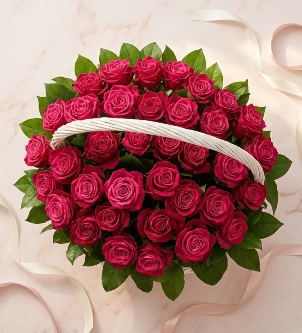 Radiant Ruby Basket seen from above: ruby roses and green leaves under a white basket handle