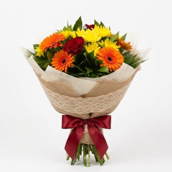 Rainbow Elegance Rainbow Elegance bouquet of orange gerberas, yellow chrysanthemums and red roses in cream paper and burlap with a lace band