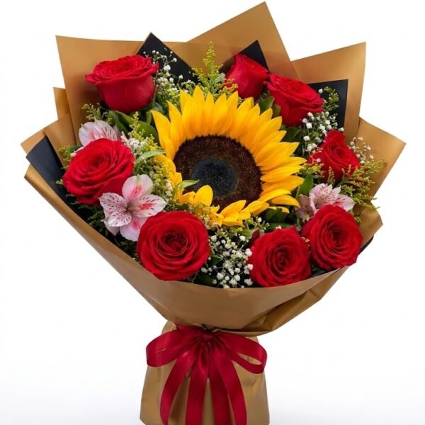 Red Flower Bouquet with Sunflower Centerpiece Red Flower Bouquet with Sunflower Centerpiece: one sunflower ringed by red roses, pink alstroemeria and baby's breath