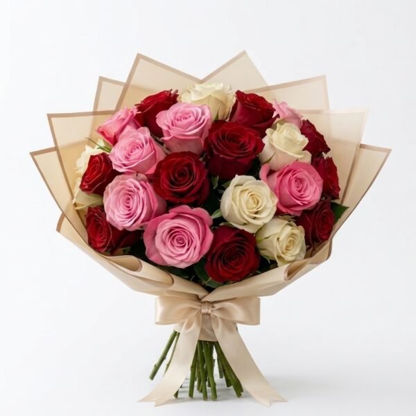 Red & Pink Roses Bouquet Red & Pink Roses Bouquet: red, pink and white roses in beige wrapping paper with a gold edge, tied with a beige satin bow
