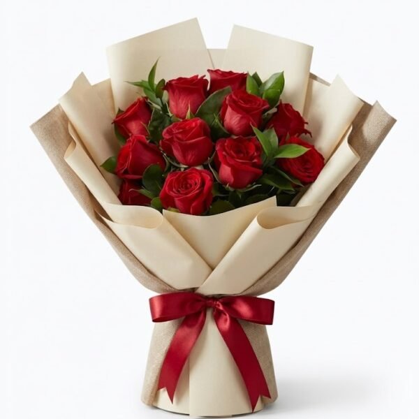 Red Rose Bouquet Red Rose Bouquet of red roses wrapped in layered cream paper and tied with a red satin bow