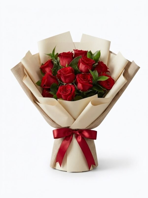 Red Rose Bouquet Red Rose Bouquet of red roses wrapped in layered cream paper and tied with a red satin bow