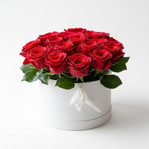 Red Velvet Bloom Box Red Velvet Bloom Box: red roses with green leaves in a white round box with a white satin ribbon knotted at the rim