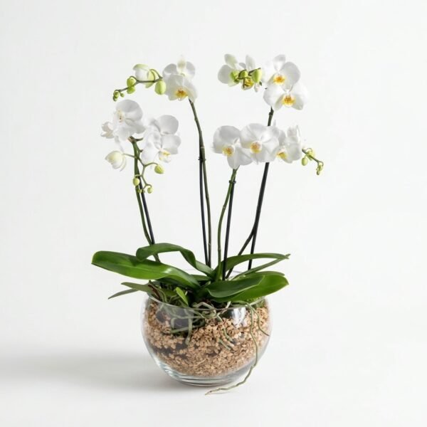 Royal White Orchid Bowl: white phalaenopsis orchid with several flower stems in a round glass bowl filled with light brown pebbles