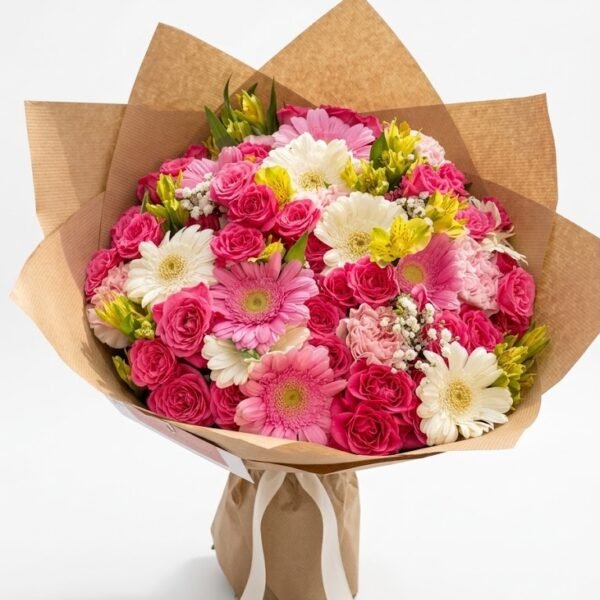 Seasonal Flower Mix Bouquet Seasonal Flower Mix Bouquet of hot pink roses, pink and white gerberas, pink carnations and yellow alstroemeria in kraft paper with a cream ribbon