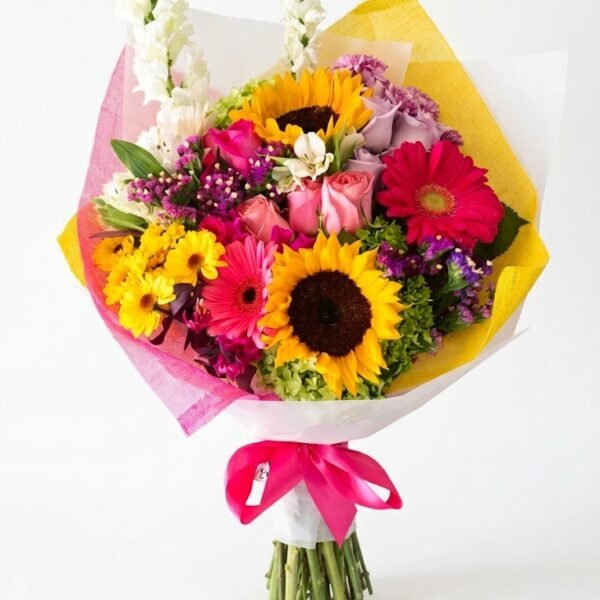 Seasonal Flowers with Sunflower Bouquet Seasonal Flowers with Sunflower Bouquet: two sunflowers, pink and red gerberas, pink and lavender roses and white snapdragons in pink and yellow wrap with a pink bow