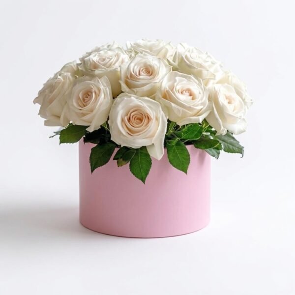 Snowflake Blossom Box Snowflake Blossom Box: cream-white roses with green leaves in a pastel pink round box on a white background