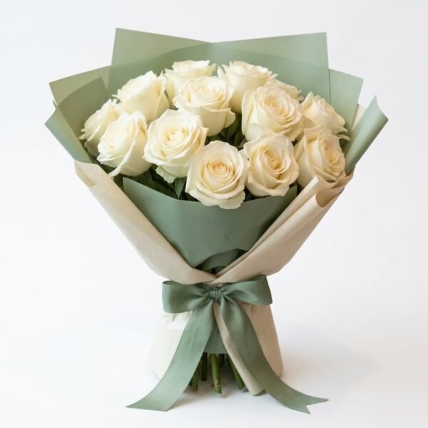 White Roses Bouquet: white roses wrapped in sage green and cream paper with a green ribbon