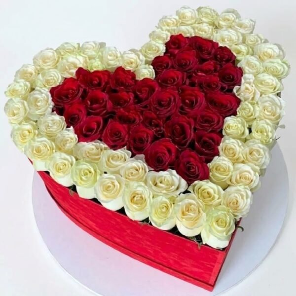 100 Roses Heart Arrangement – White & Red 100 Roses Heart Arrangement: a heart of red roses framed by white roses in a red heart box