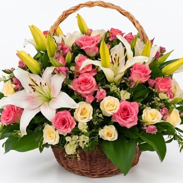 Lily Flowers with White and Pink Roses Basket Lily Flowers with White and Pink Roses Basket: white lilies, pink and cream roses in a wicker basket