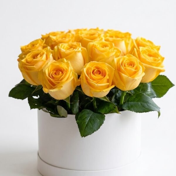 Yellow Roses Flower Box Yellow Roses Flower Box: yellow roses edged with green leaves in a round white box