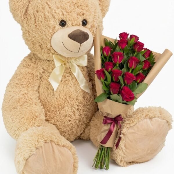 1 Meter Teddy Bear with 18 Red Roses Bouquet 1 Meter Teddy Bear with 18 Red Roses Bouquet: beige bear with cream bow, roses wrapped in kraft paper