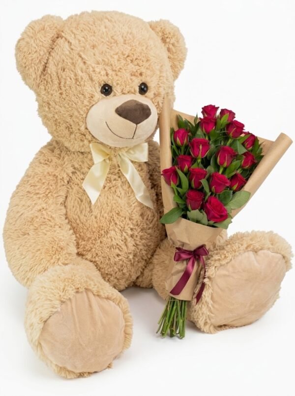 1 Meter Teddy Bear with 18 Red Roses Bouquet 1 Meter Teddy Bear with 18 Red Roses Bouquet: beige bear with cream bow, roses wrapped in kraft paper