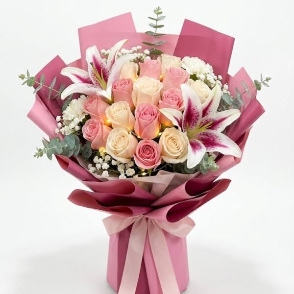Lilies with Pink and White Roses Flower Arrangement Lilies with Pink and White Roses Flower Arrangement: pink and cream roses, two lilies, eucalyptus, pink wrapping