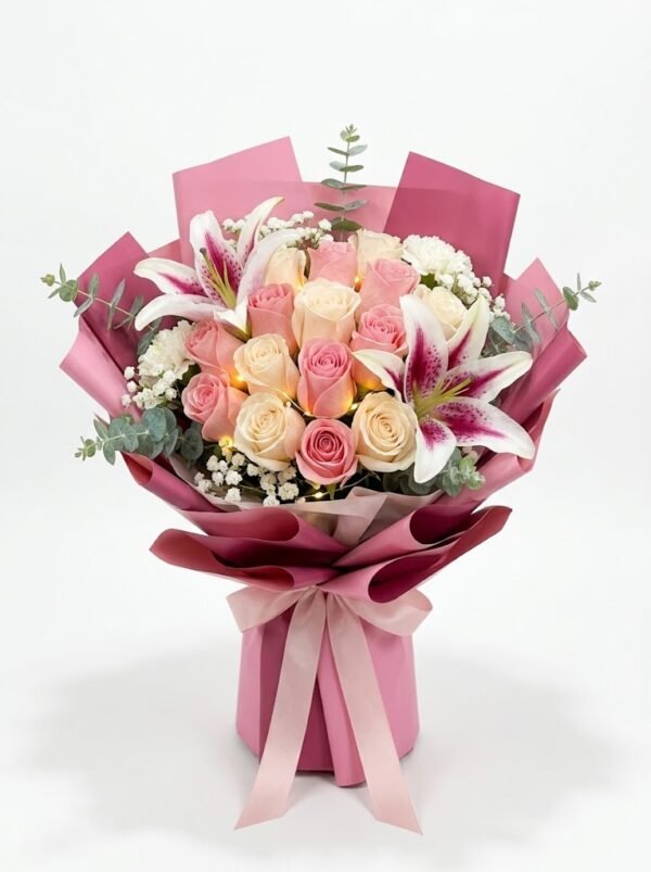 Lilies with Pink and White Roses Flower Arrangement Lilies with Pink and White Roses Flower Arrangement: pink and cream roses, two lilies, eucalyptus, pink wrapping