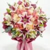 Lilies with Pink and White Roses Flower Arrangement – larger size Lilies with Pink and White Roses Flower Arrangement, larger version: many pink-streaked lilies, roses and white stock flowers