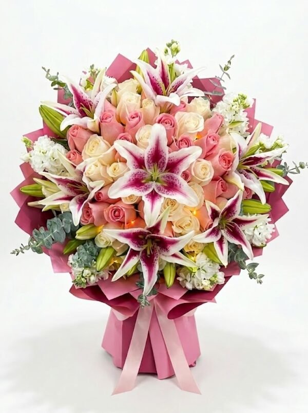 Lilies with Pink and White Roses Flower Arrangement – larger size Lilies with Pink and White Roses Flower Arrangement, larger version: many pink-streaked lilies, roses and white stock flowers