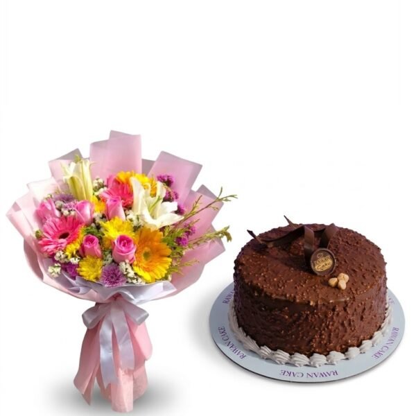 Mixed Flowers & Chocolate Hazelnut Cake Mixed Flowers & Chocolate Hazelnut Cake: gerberas, pink roses, white lilies and chrysanthemums in pink wrapping beside a chocolate cake with a crunchy hazelnut coating