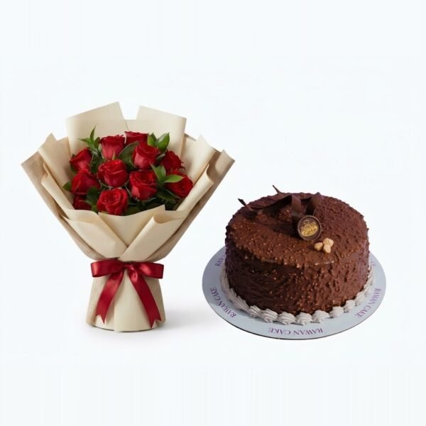 Red Roses & Chocolate Hazelnut Cake Red Roses & Chocolate Hazelnut Cake: red roses in cream paper and a beige burlap-style wrap with a red ribbon beside a chocolate cake with a crunchy hazelnut coating