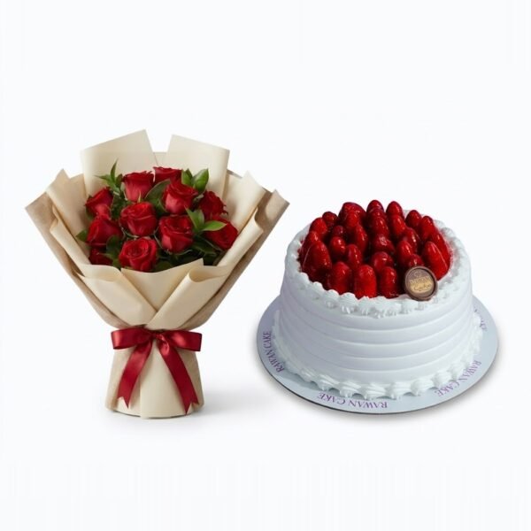 Red Roses & Strawberry Cake Red Roses & Strawberry Cake: red roses in cream paper and a beige burlap-style wrap with a red ribbon beside a white cream cake topped with glazed strawberries