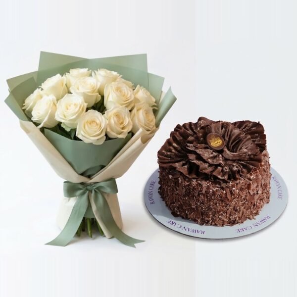 White Roses & Chocolate Ruffle Cake White Roses & Chocolate Ruffle Cake: white roses in sage green and cream wrapping with a green ribbon beside a chocolate cake topped with chocolate ruffles and coated in chocolate shavings